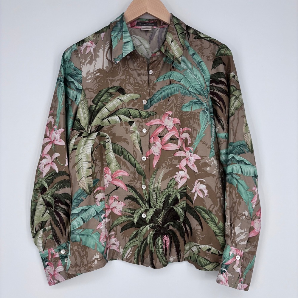 Tommy Bahama Silk Button Up Shirt Womens S Brown Tropical Floral Resort Vacation